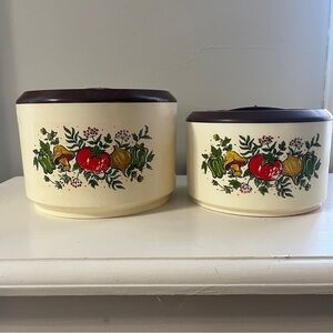 Vintage Sterilite canisters with mushrooms /vegetables. Cream / brown lids